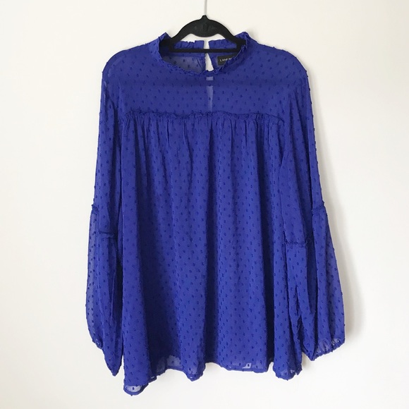 Lane Bryant Tops - Lane Bryant Blue Sheer Dot Frill Peasant Blouse
